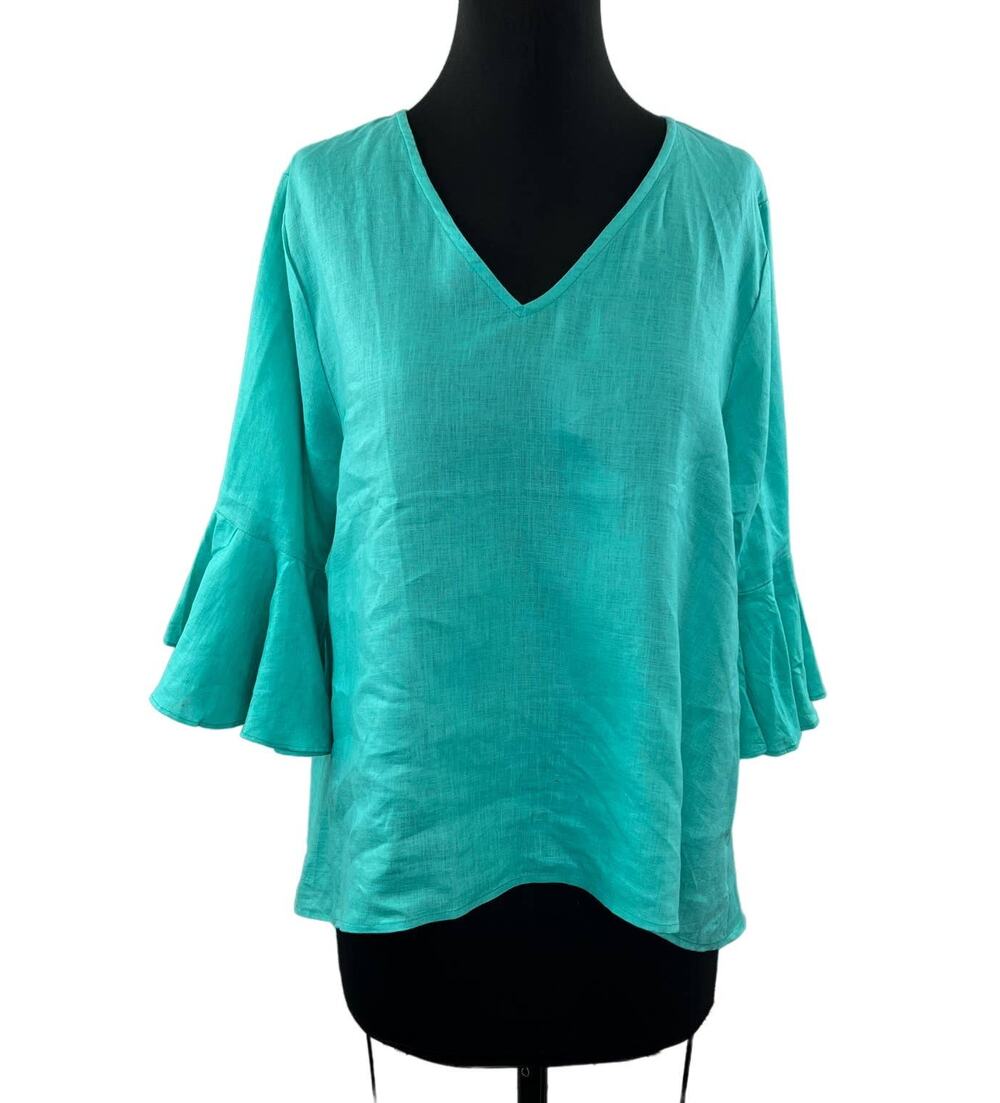 LaRoque Blue OS Tunic Top Casual V-Neck 3/4 Bell Sleeve Pullover Regular Fit
